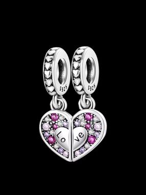 Sterling Silver 'Love' double Heart Dangle Charm - Pink & Purple Mother daughter